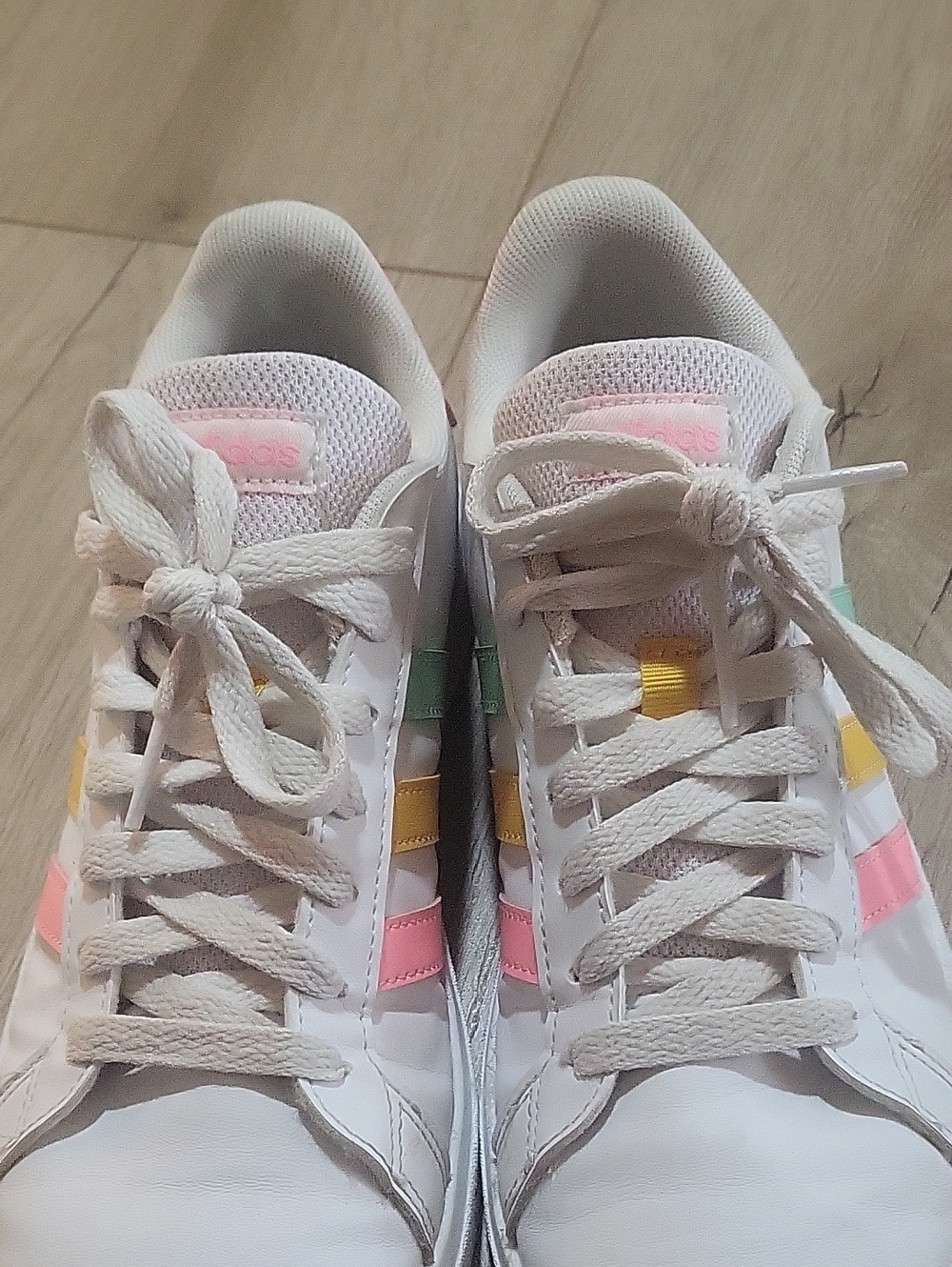 adidas White Sneakers with Pink, Yellow & Mint Stripe Accents